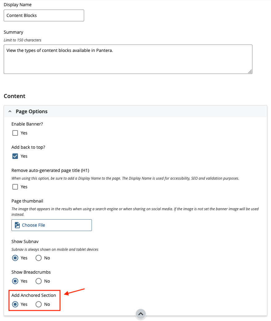 Selecting anchored section option on page