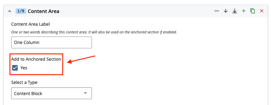 Selecting content area to the anchored section