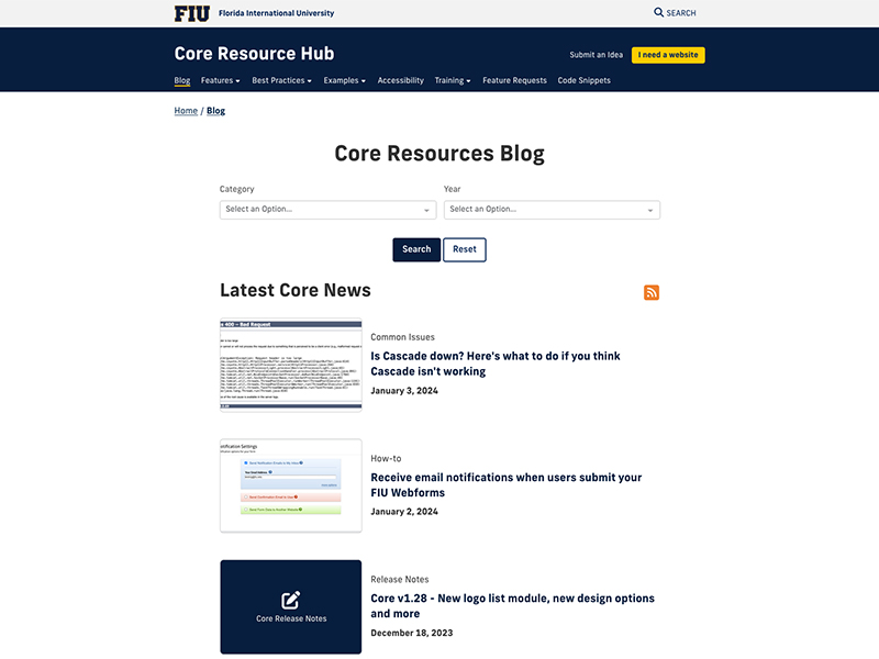 Screenshot of the Core Resources blog