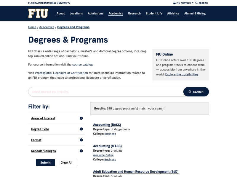 Screenshot of FIU Degree Finder