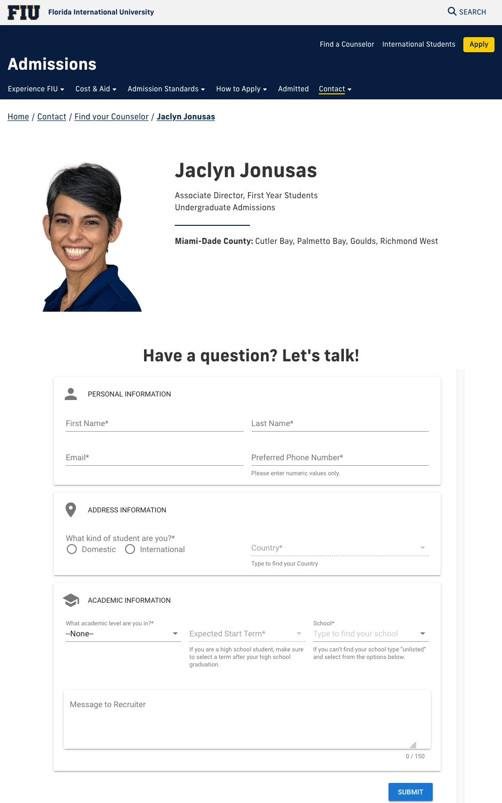 Screenshot of FIU Admissions Find Your Counselor page