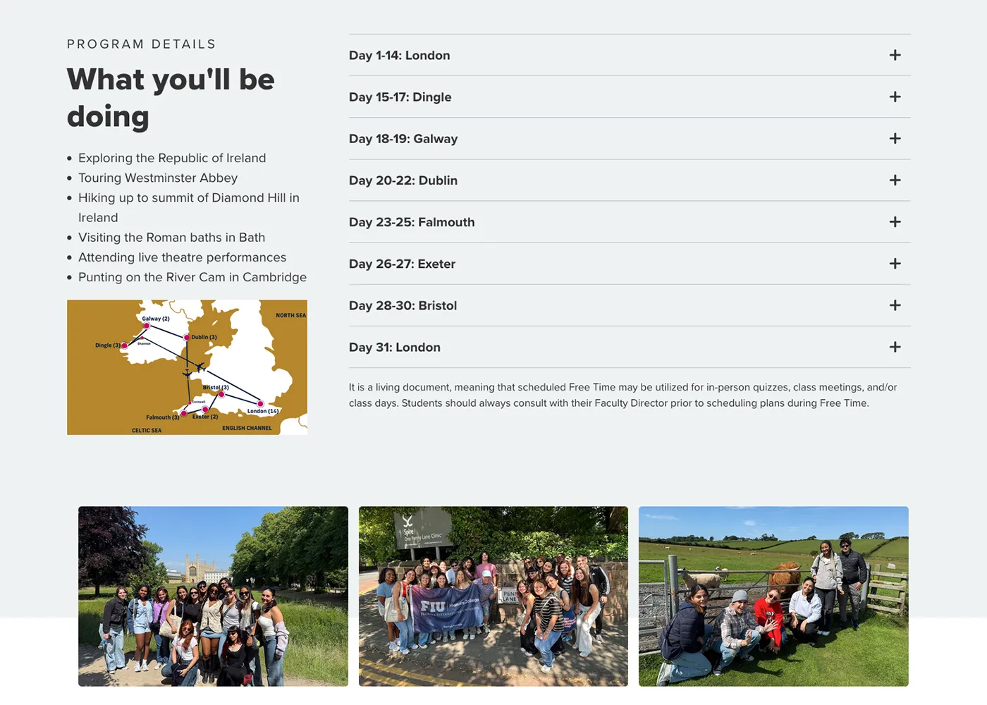 FIU Honors' Study Abroad UK itinerary, with photos of previous cohorts