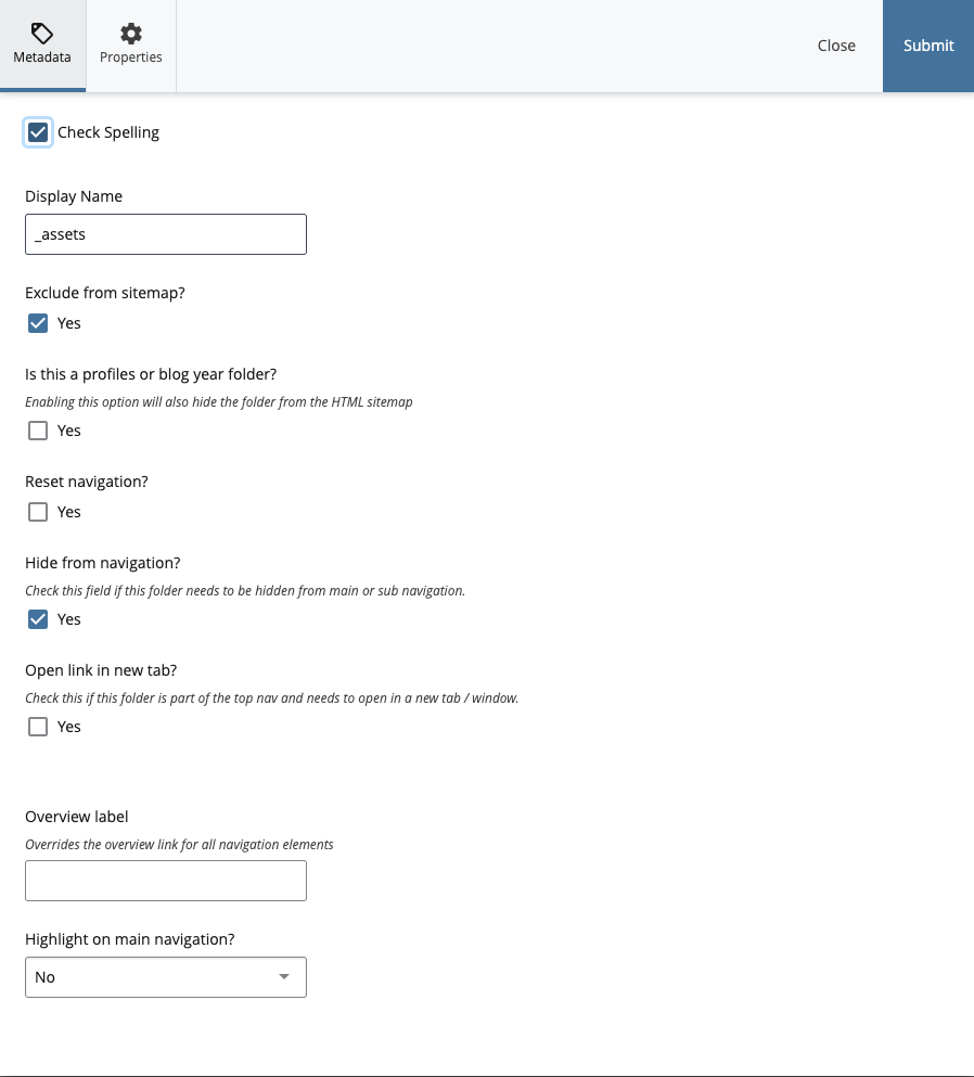 Updating the metadata in for your new folder in Cascade