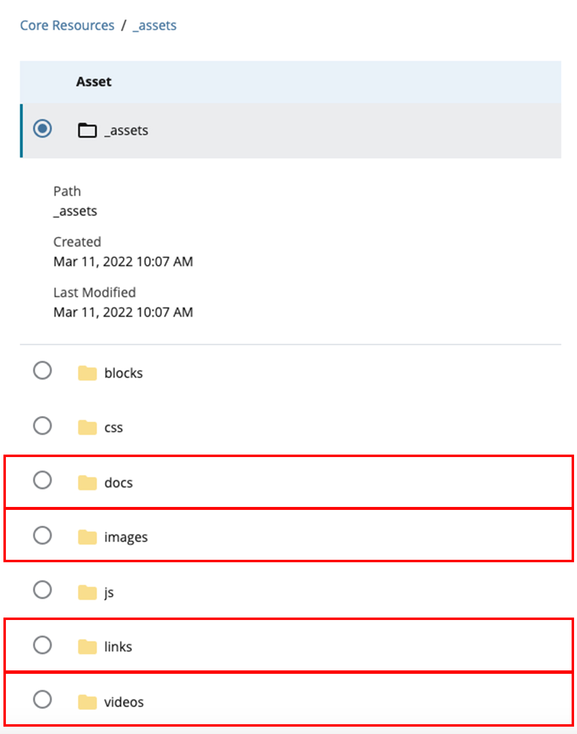 Select the correct asset folder for the media asset you are uploading to Cascade 