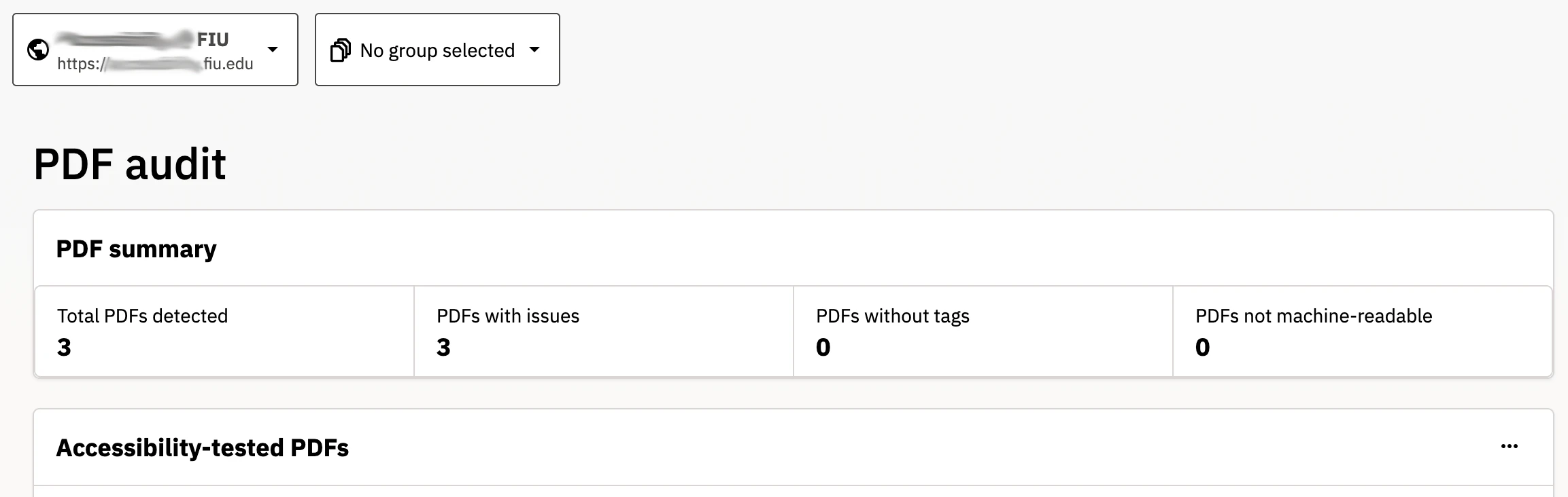 Siteimprove PDF audit results show three PDFs detected and three PDFs with issues.