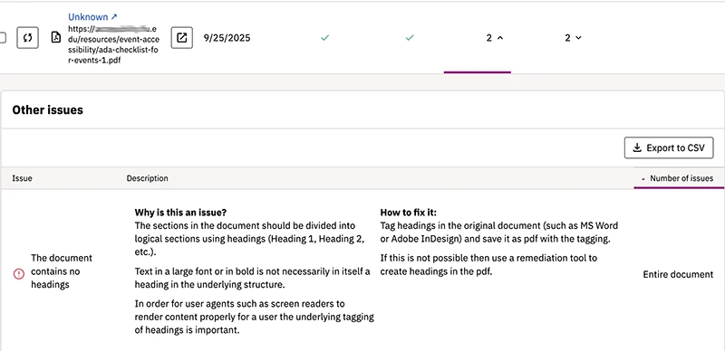 Siteimprove PDF audit results for individual PDF with list of issues and how to fix.