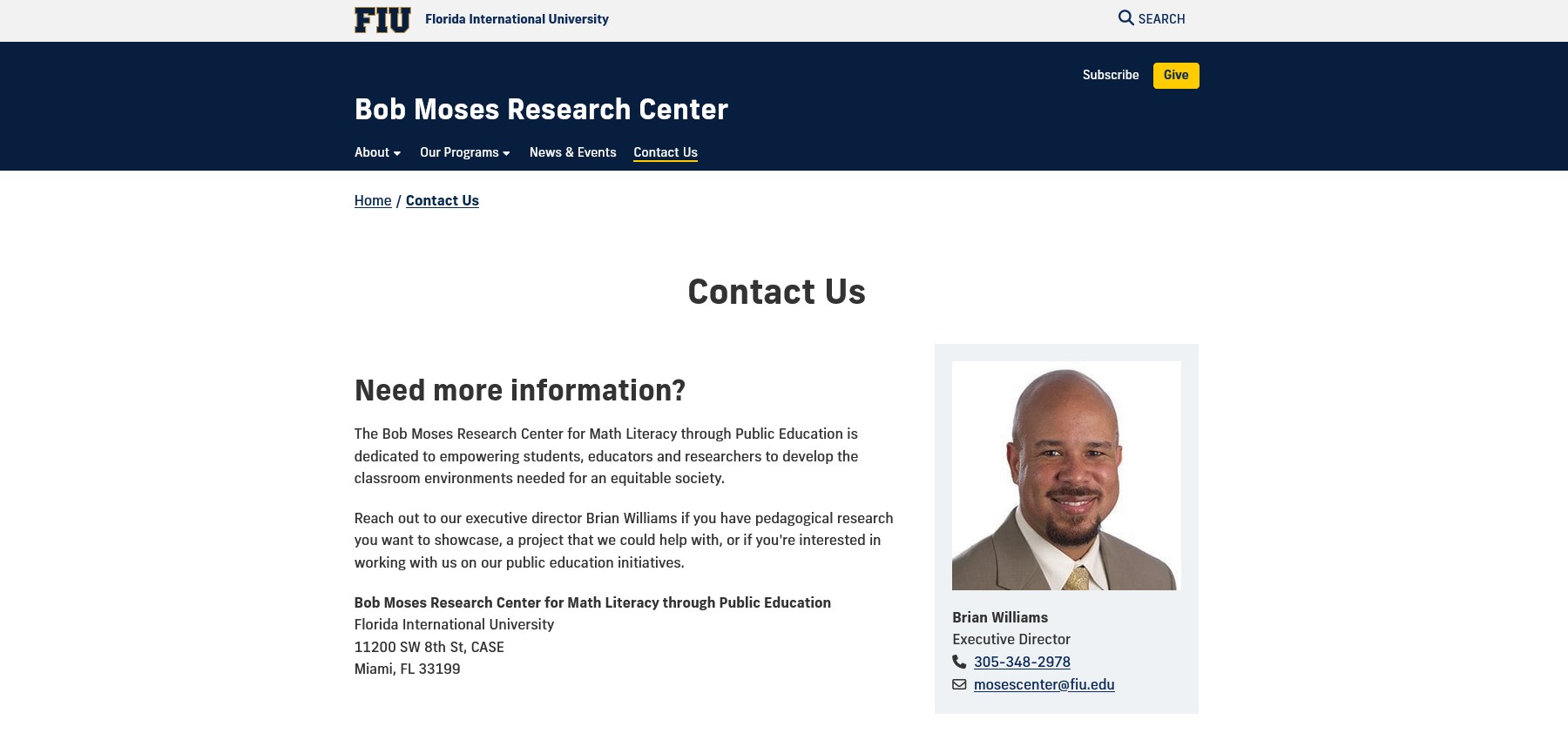 Screenshot of Bob Moses Research Center Contact Us page