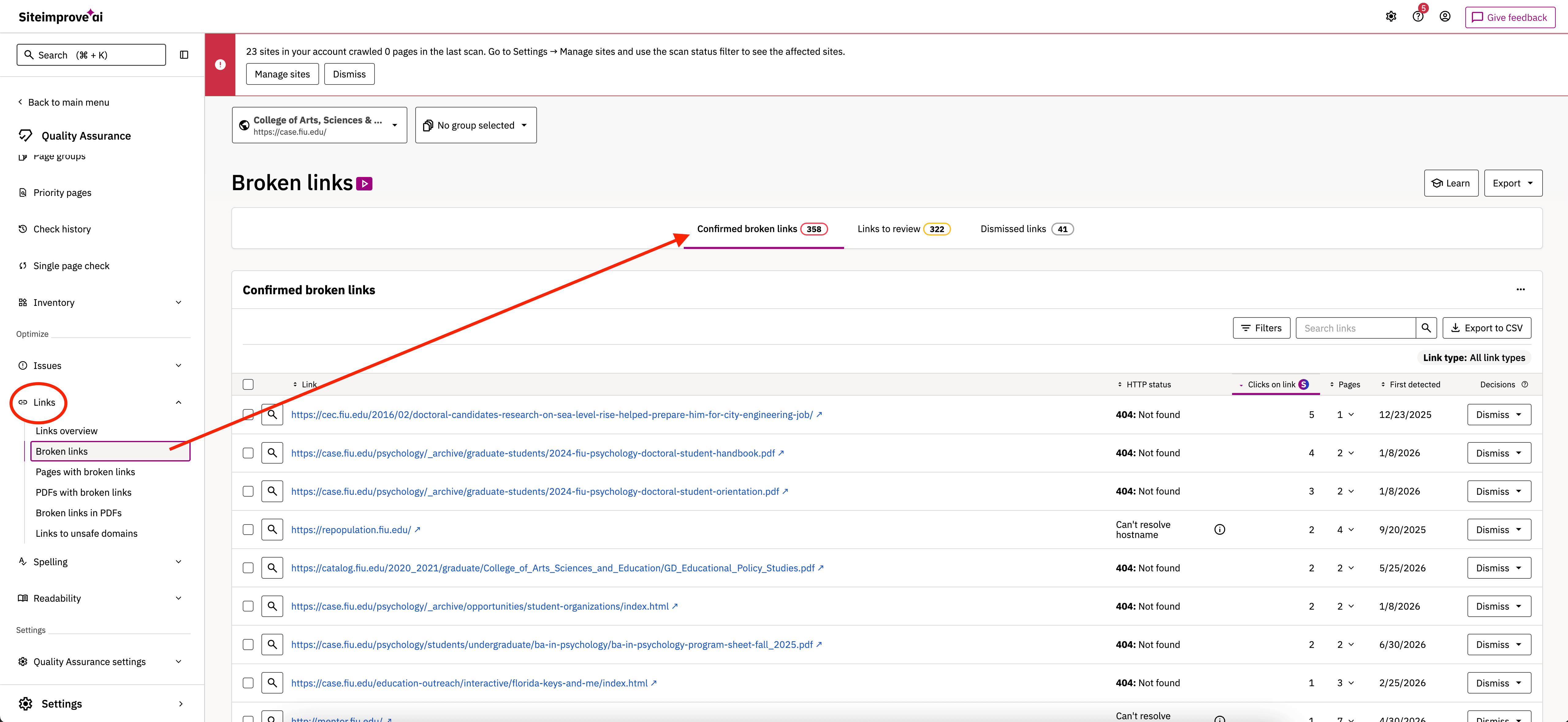 Broken links dropdown menu on Siteimprove's Quality Assurance Dashboard