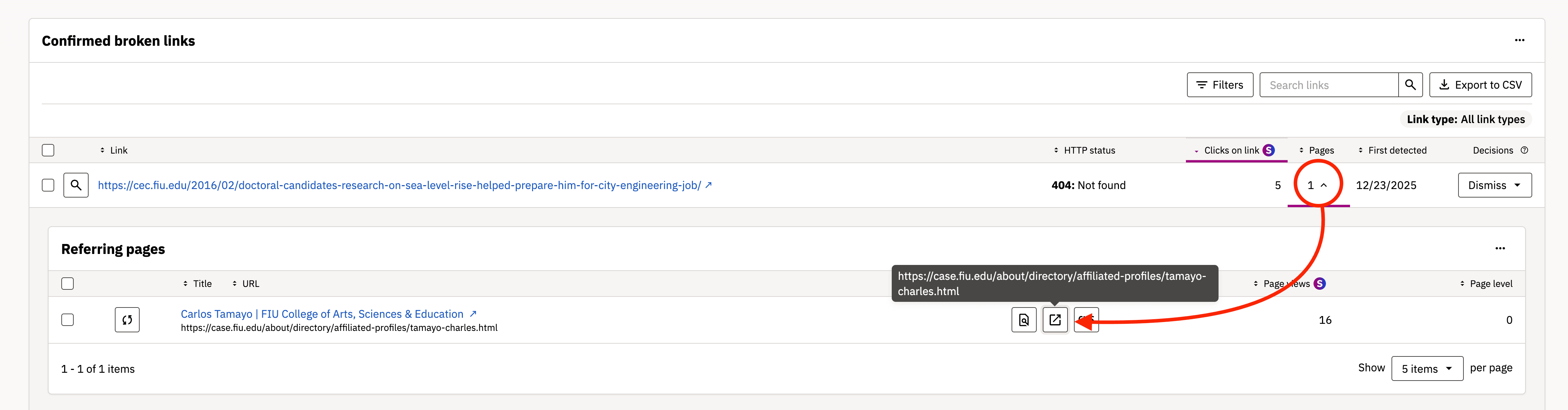 "Confirmed broken links" list on Siteimprove's QA Dashboard