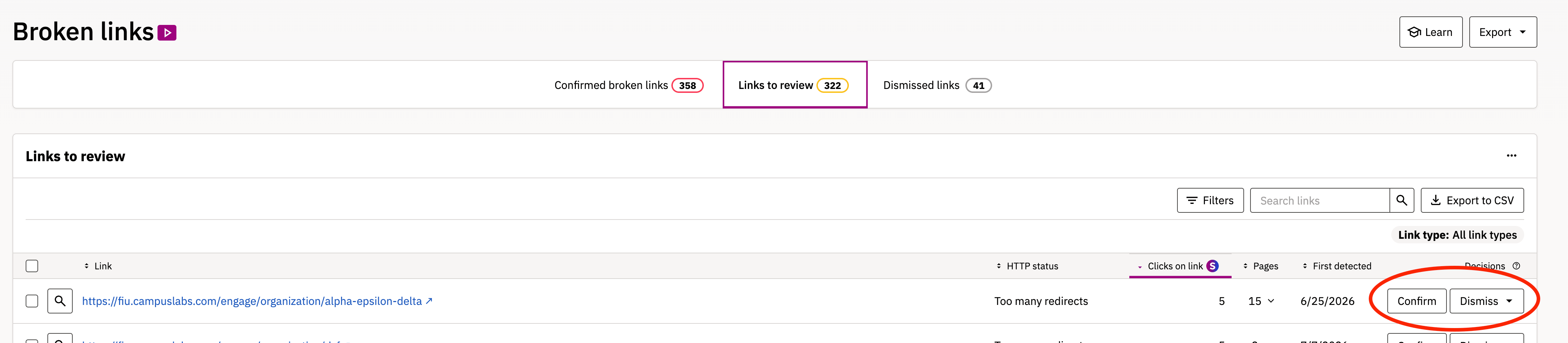Confirm and Dismiss buttons on "Links to review" list