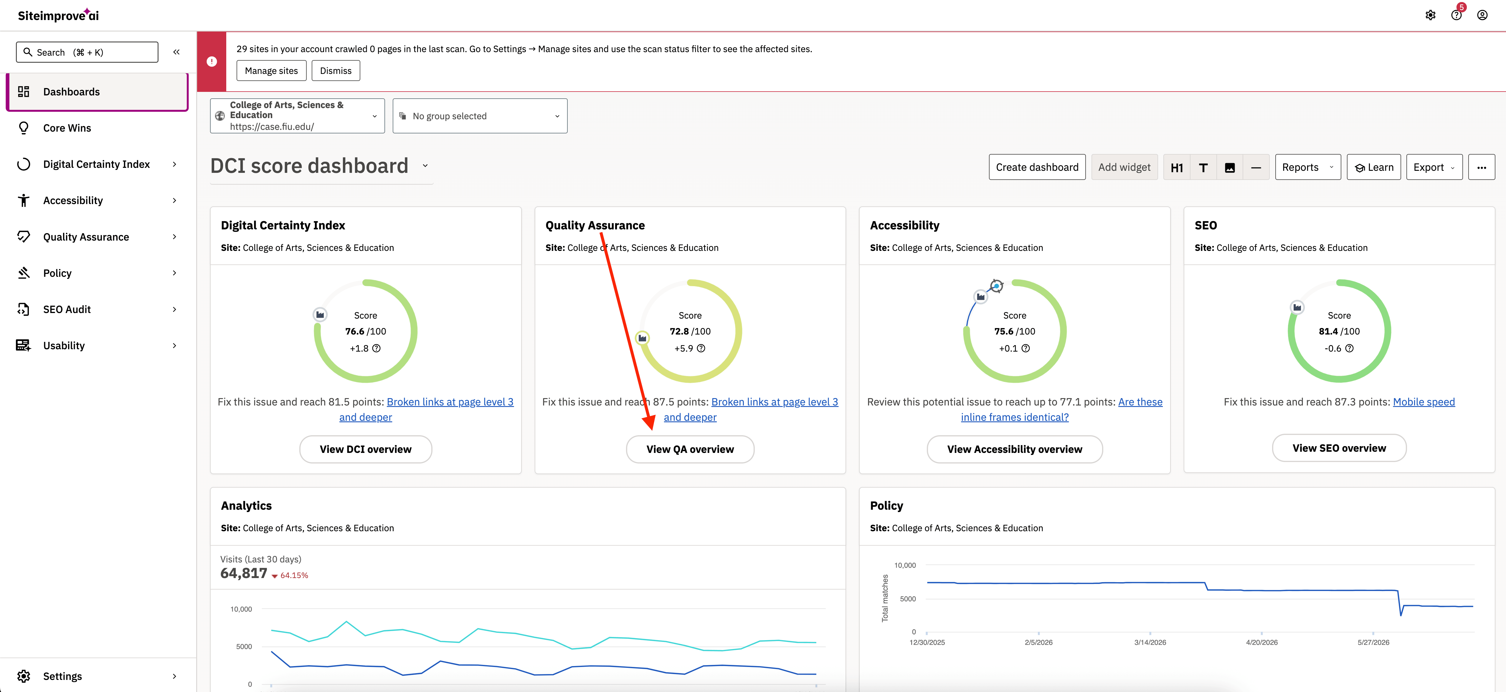 Dashboard tab on Siteimprove's side panel