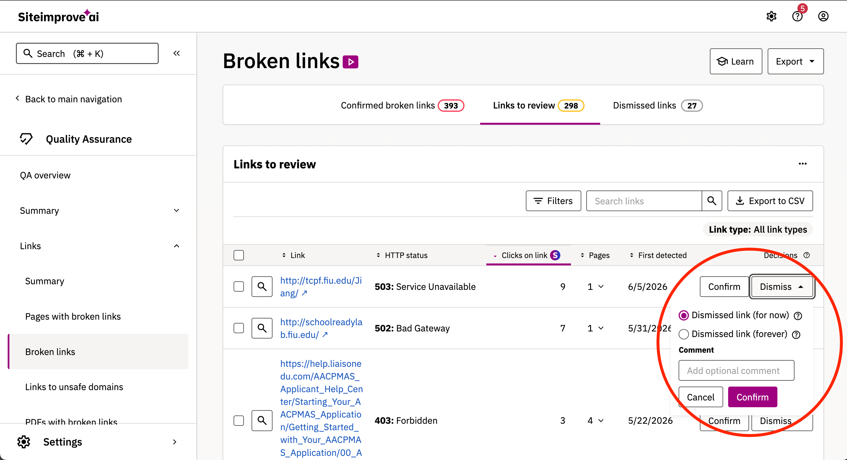Pop-up menu for dismissing links