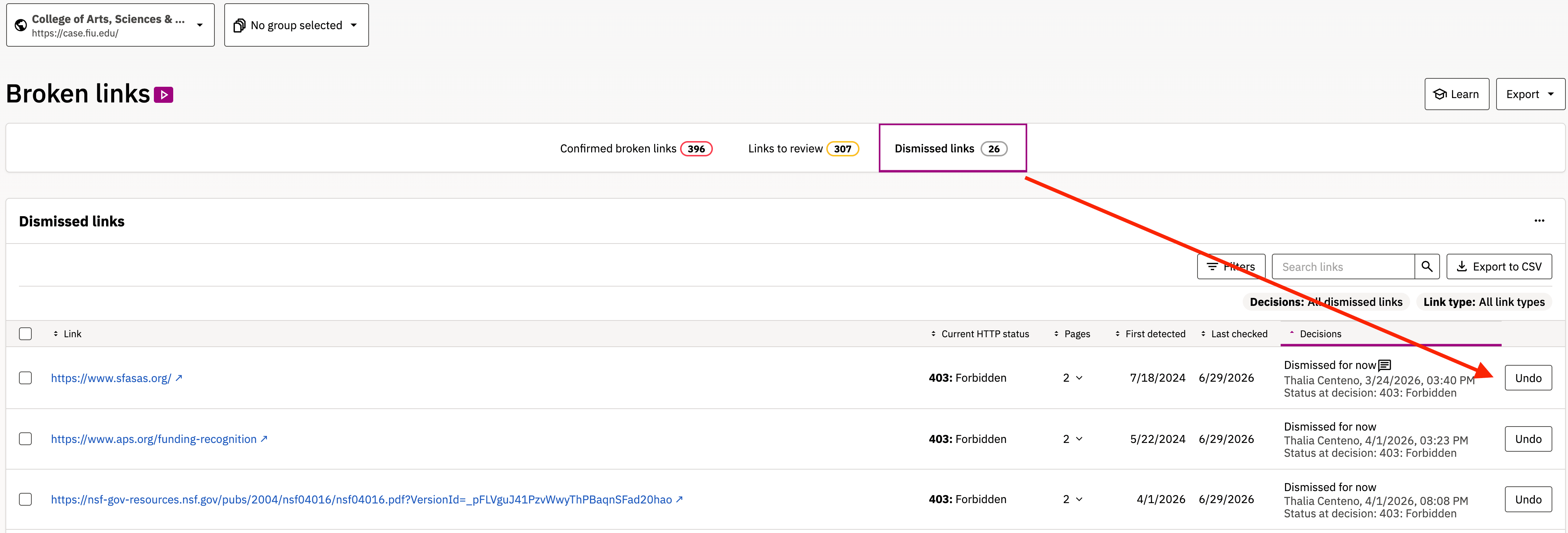 Dismissed links list with Undo button highlighted