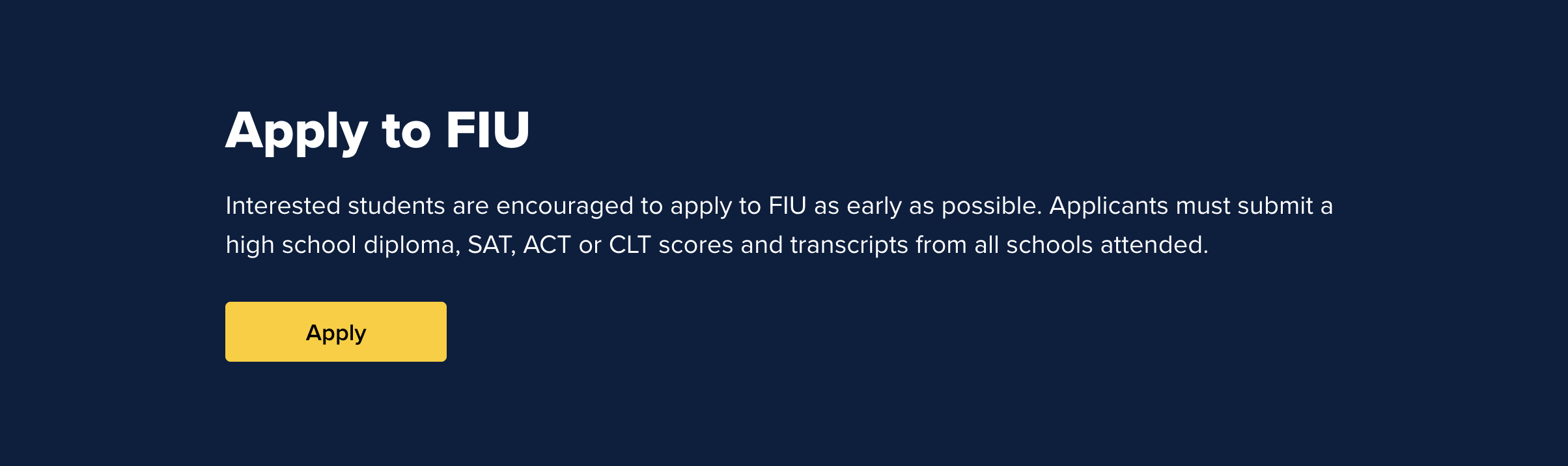 An example call to action module encouraging users to apply to FIU with a gold Apply link