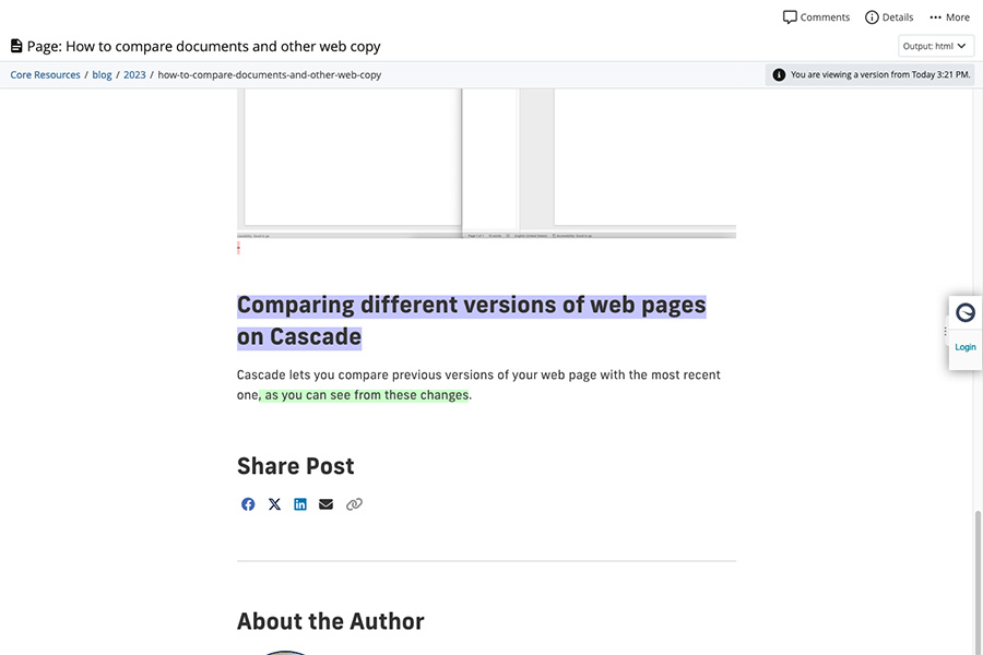 Screenshot of Cascade web page with version comparison displayed