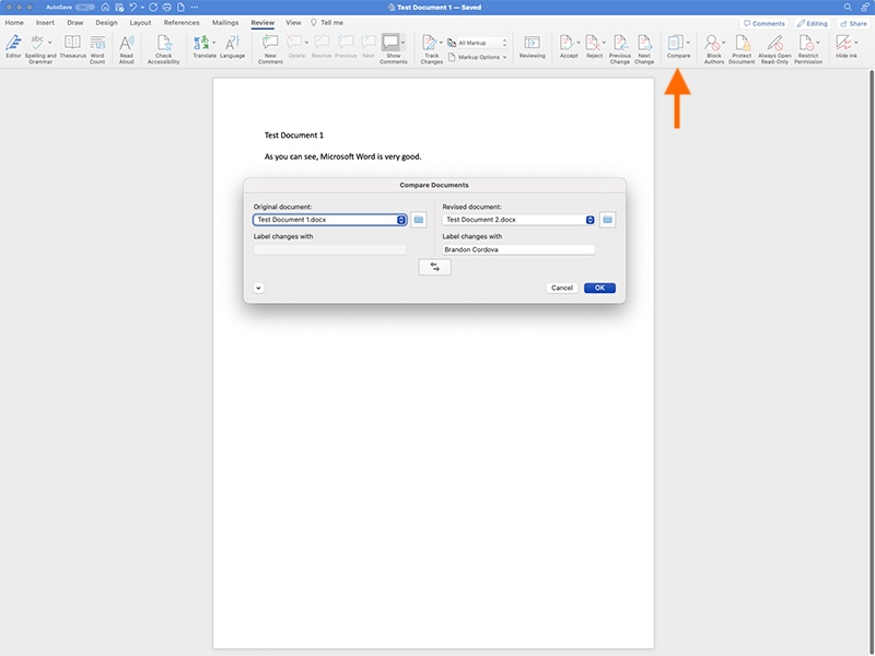 Screenshot of Microsoft Word Compare Documents window