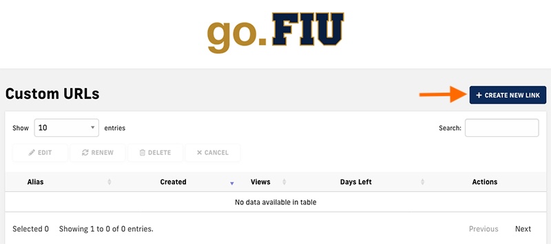 Screenshot of go.FIU dashboard with "Create a Link" highlighted