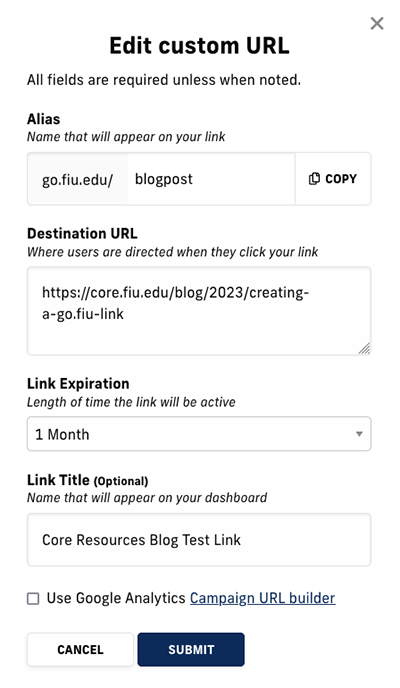 Screenshot of go.FIU link creation sidebar