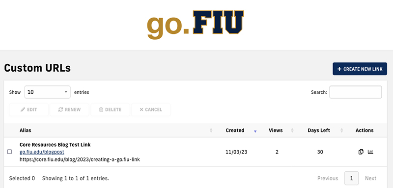 Screenshot of go.FIU dashboard with new link