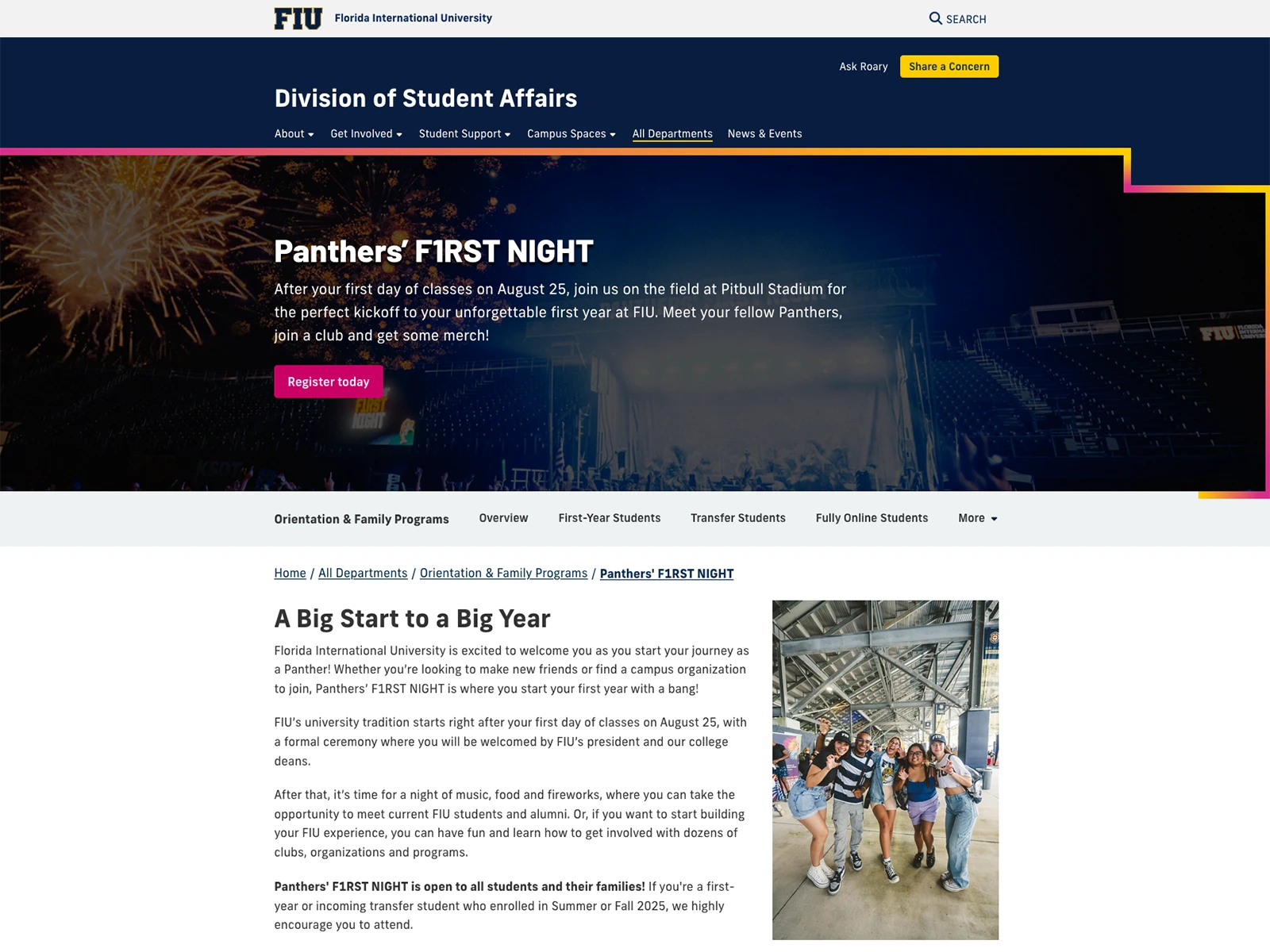 FIU Division of Student Affairs' Panthers First Night page