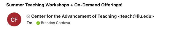 Email with subject line "Summer Teaching Workshops + On-Demand Offerings"