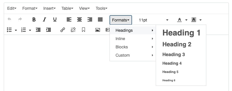 Screenshot of the Formats menu showing the Headings in Cascade