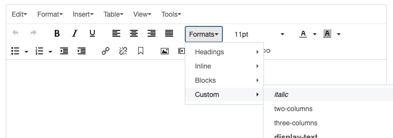 Screenshot of the Formats menu showing the location of the italic helper class.