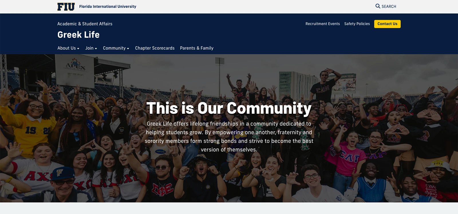 Screenshot of FIU Greek Life home page