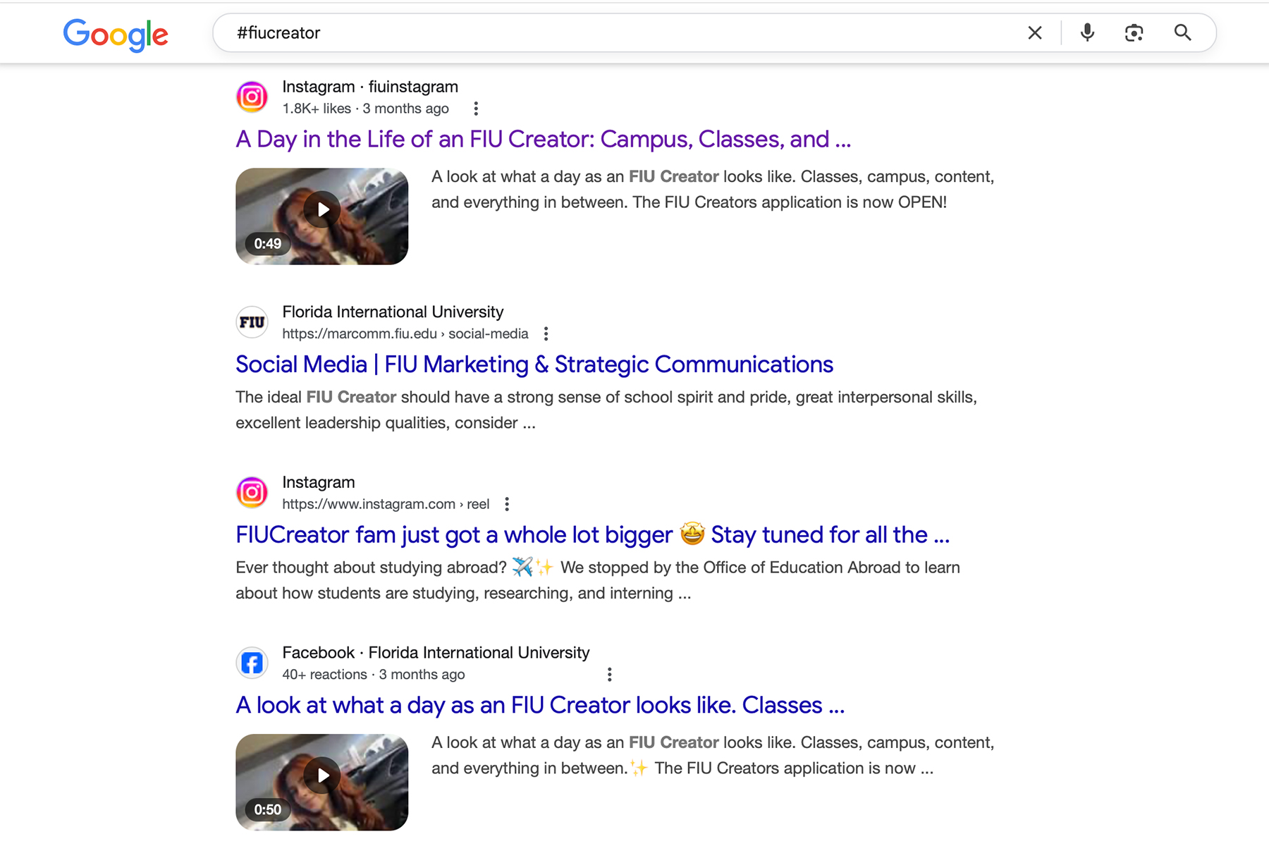 #fiucreator Google search results