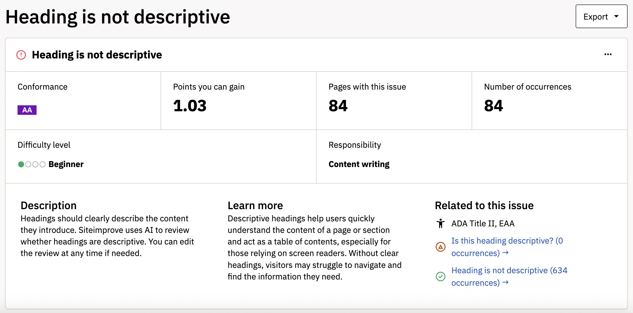 "Heading is not descriptive" error page on Siteimprove