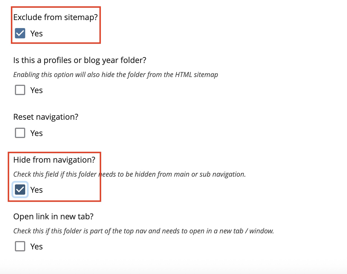 Hide from Navigation checkbox, enabled