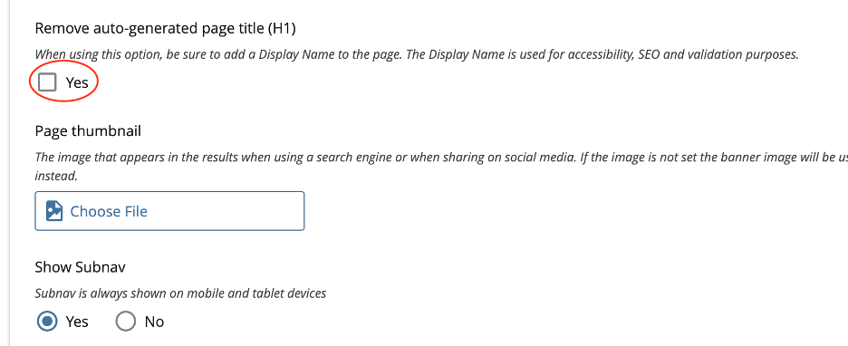 Red circle highlighting the Yes option for Remove auto-generated page title (H1) in Page Options
