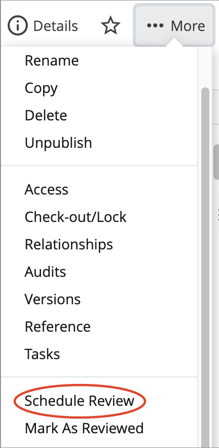 Schedule Review button in Cascade's More dropdown menu