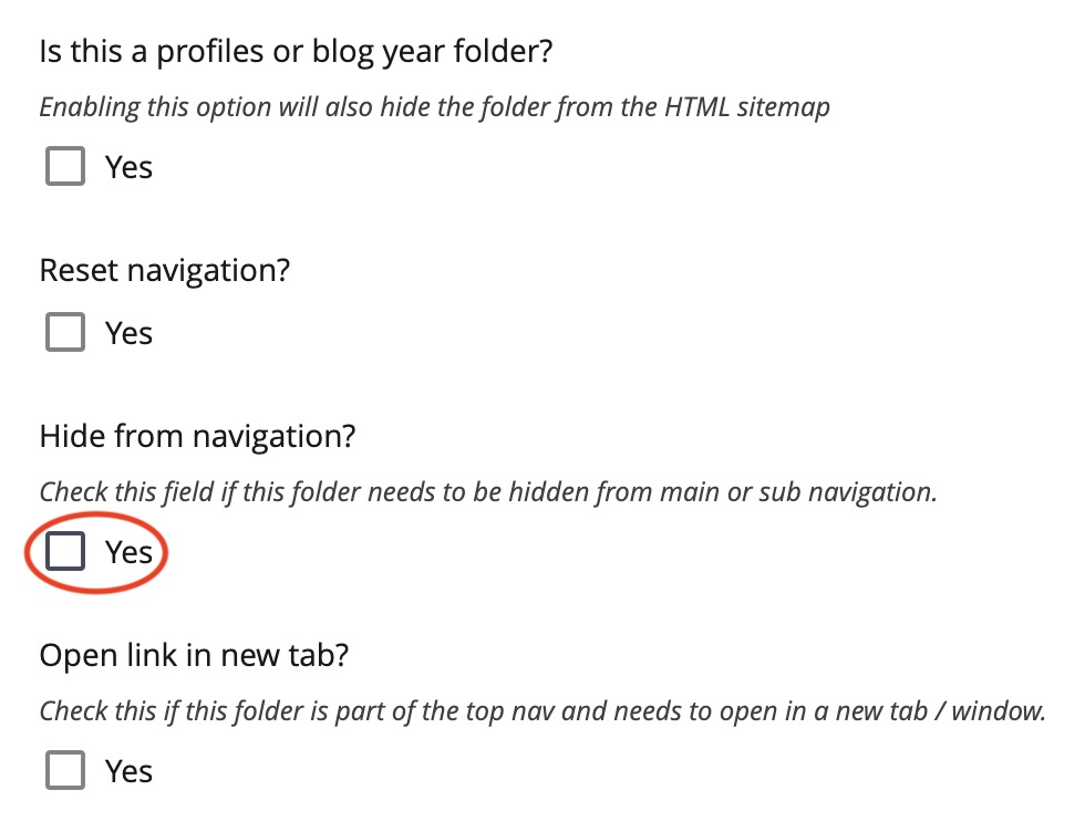 the hide navigation option on a folder in cascade