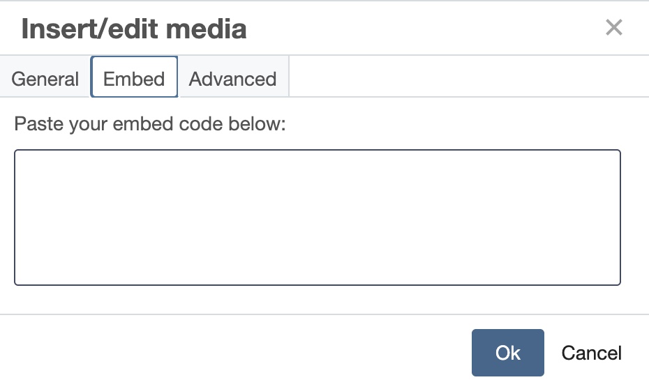 The insert media window with embed tab selected.