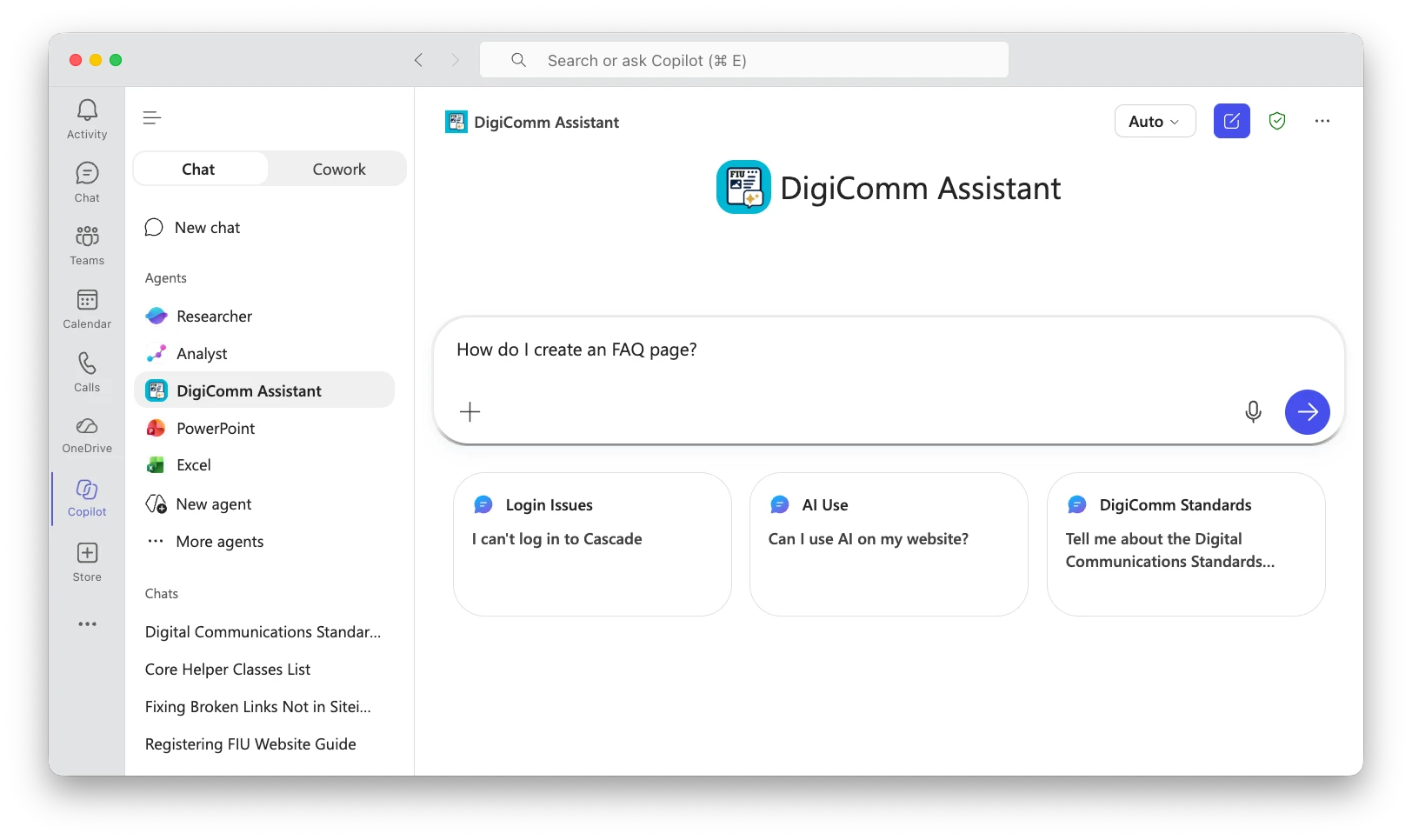 DigiComm Assistant window in Microsoft Teams