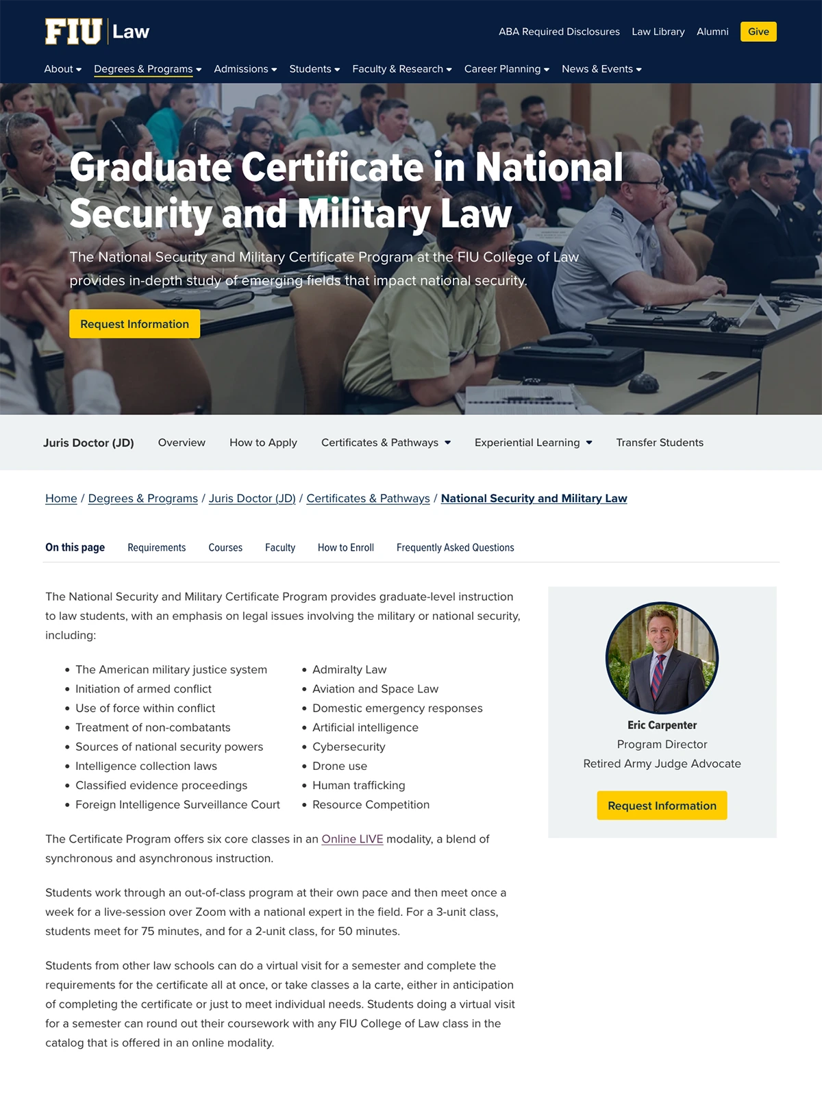 FIU Law's Military Law Certificate program page