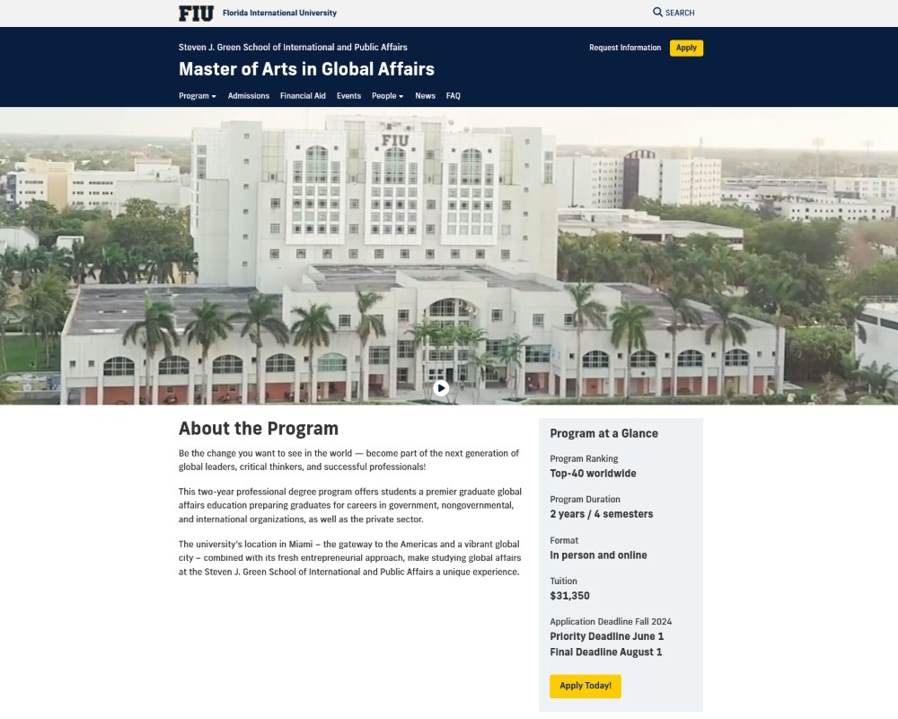 Screenshot of FIU SIPA's MA in Global Affairs microsite