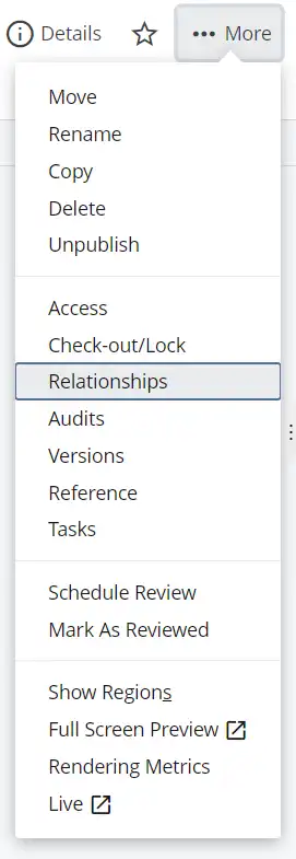 Menu options for a page highlighting Relationships