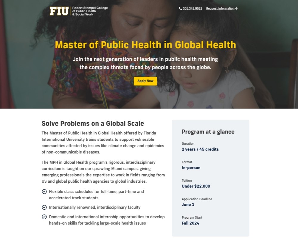 Screenshot of Stempel College's MPH in Global Health landing page