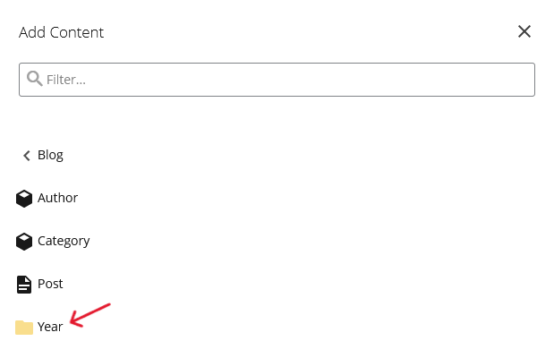 Screenshot of Year button in Add Content menu