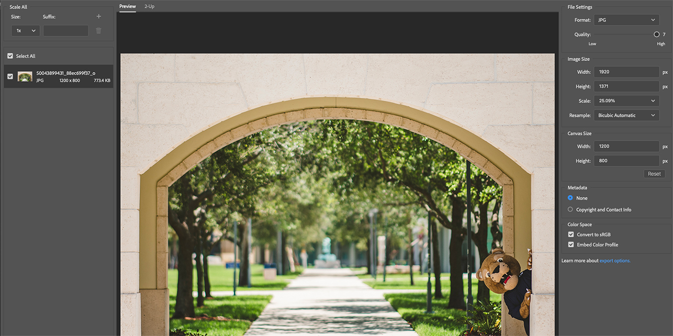 Image of FIU entrance with Roary peeking from the side