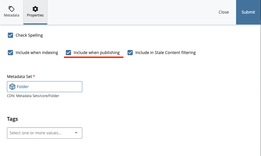 Include when publishing option in the Configure or Properties tab of the asset edit window