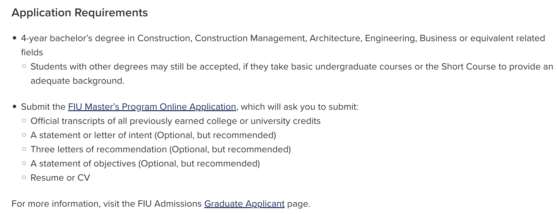 Example of program application requirements