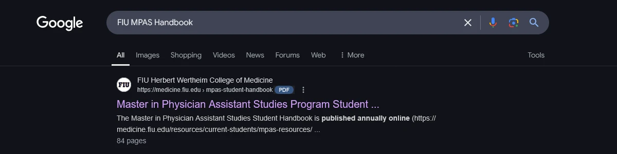 Screenshot of Google search results for FIU MPAS handbook