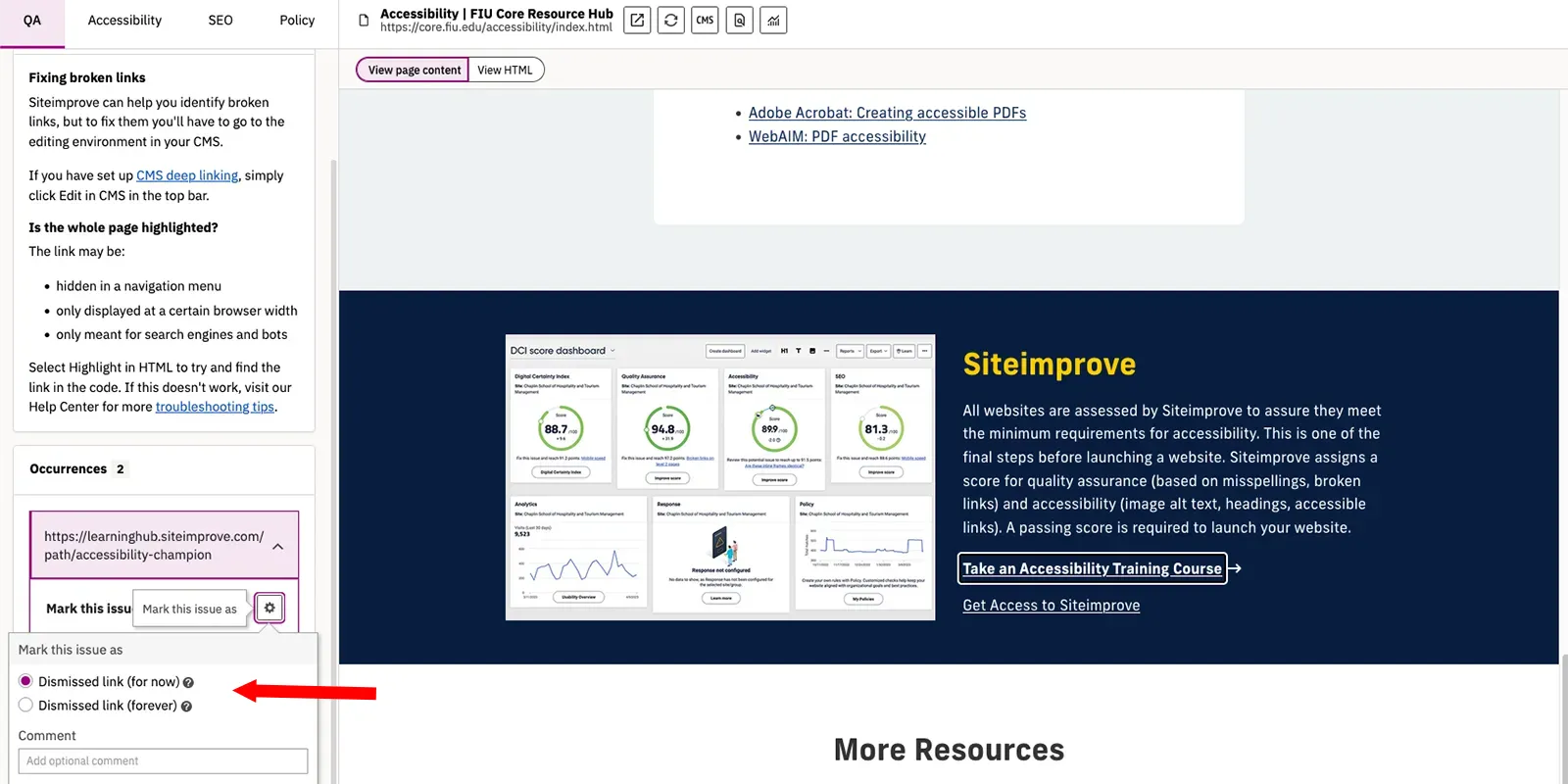Siteimprove Page report with Link to review highlighted