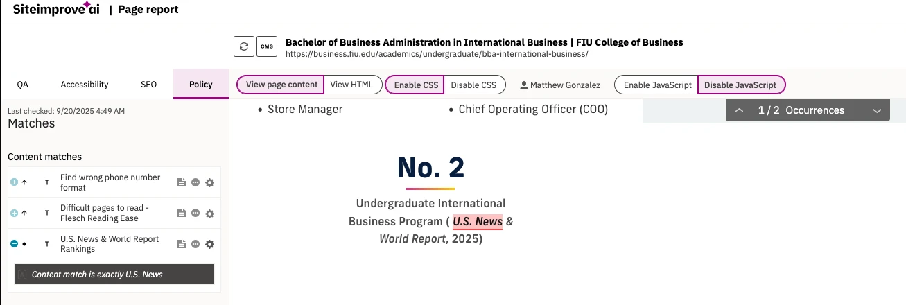 U.S. News & World Report policy on Siteimprove