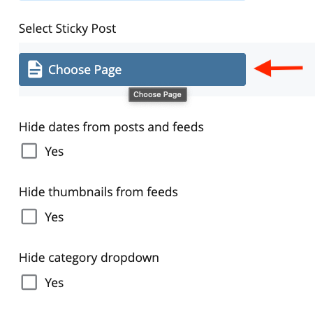 A red arrow pointing to Choose Page under the Sticky Post option on Cascade