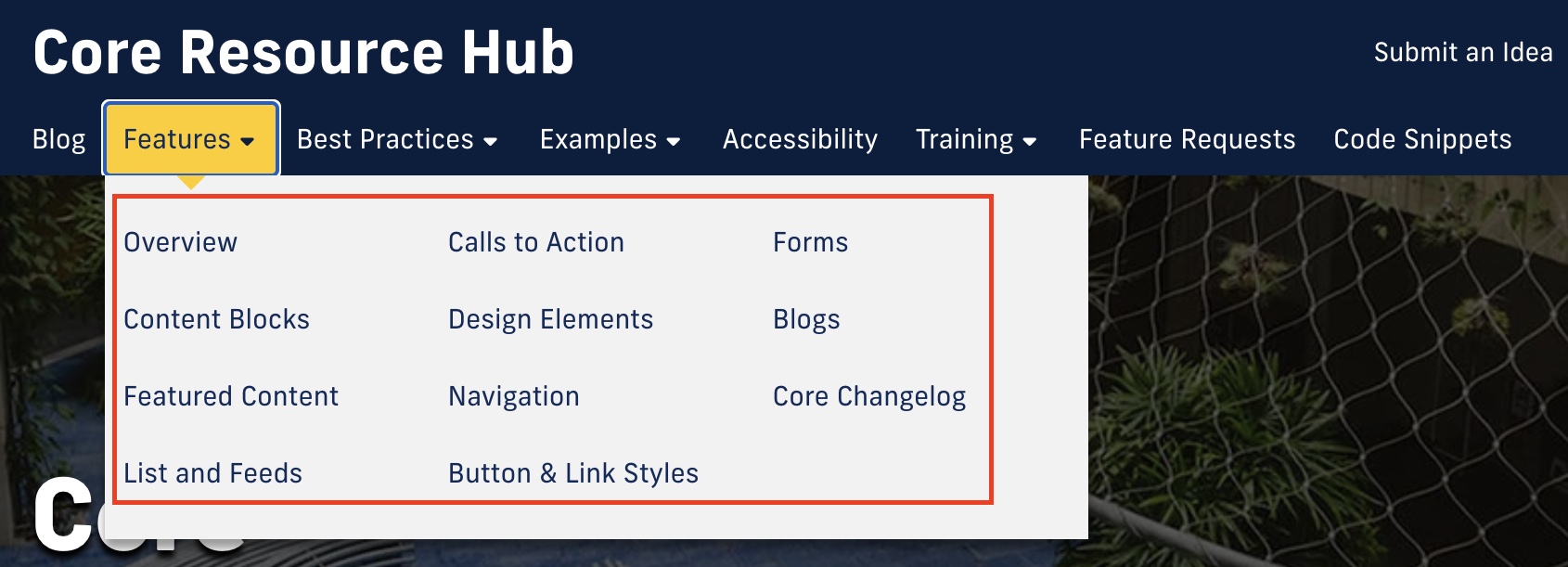 Subnavigation for Core Resource Hub's Features section
