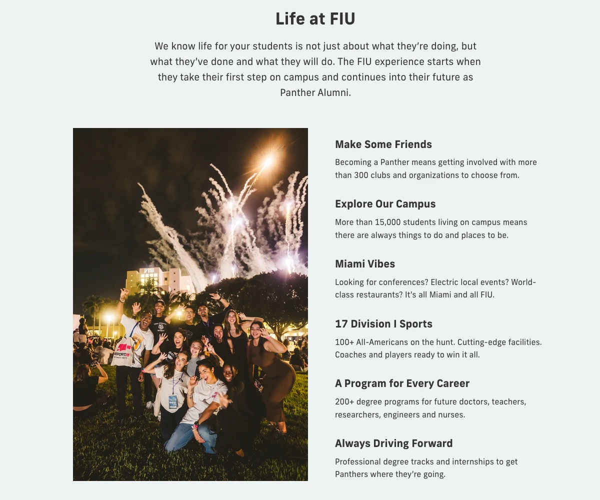 FIU High School Counselors landing page's Life at FIU module
